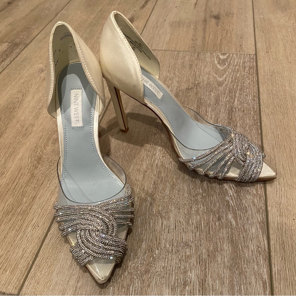 Rhinestone Pointed Toe Heels Off White